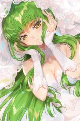 Rule 34 | 1girl, bare shoulders, breasts, bridal veil, brown eyes, c.c., cleavage, code geass, cover, cover page, creayus, detached collar, dress, dutch angle, green hair, hands on own cheeks, hands on own face, jewelry, long sleeves, medium breasts, ornate ring, parted lips, ring, sidelocks, solo, upper body, veil, wedding dress, wedding ring, white dress