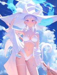 Rule 34 | 1girl, absurdres, animal ears, bare shoulders, bell, bikini, bottle, broom, cat, cat ears, cat girl, cat tail, choker, cloud, cloudy sky, commentary, day, frilled choker, frills, ghost, hat, highres, holding, holding wand, jingle bell, long hair, looking at viewer, midriff, multicolored eyes, navel, original, sky, smile, solo, swimsuit, tail, twintails, wand, white bikini, white hair, white hat, witch hat, wonbin lee