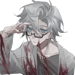Rule 34 | 1boy, arm up, blood, blood on clothes, blood on face, blood on hands, blood on neck, blue eyes, chinese commentary, closed mouth, collarbone, commentary request, glasses, grey hair, grey shirt, highres, kanou aogu, lab coat, long sleeves, male focus, open clothes, rectangular eyewear, saibou shinkyoku, semi-rimless eyewear, shirt, short hair, simple background, solo, two (xitiaogaoren92881), white background