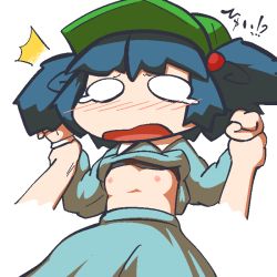 Rule 34 | 1girl, bad id, bad pixiv id, blue hair, blush, breasts, forced, hair bobbles, hair ornament, hat, inunoko., kawashiro nitori, nipples, o o, open mouth, small breasts, tears, touhou, twintails, two side up