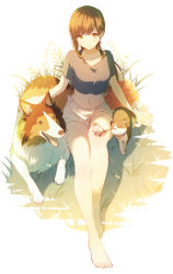 Rule 34 | 1girl, bare legs, barefoot, bell, bird, bouquet, breasts, brown eyes, brown hair, cat, closed eyes, collar, collarbone, dog, earrings, flower, full body, gras, grass, happy birthday, headpat, highres, jewelry, long hair, looking at viewer, medium breasts, midriff, natural wind, navel, neck bell, nuzzle, open mouth, original, outdoors, shorts, simple background, sitting, solo, sunlight, twintails, white background, white shorts