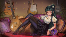 Rule 34 | 10s, black hair, black pantyhose, blunt bangs, couch, cushion, earrings, electric guitar, full body, guitar, high heels, highres, instrument, jewelry, long hair, looking at viewer, love live!, love live! school idol festival, love live! sunshine!!, pantyhose, red eyes, sitting, sk tori, smile, solo, tsushima yoshiko, very long hair