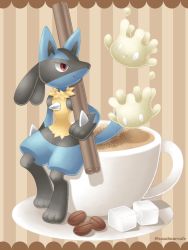 Rule 34 | artist name, closed mouth, coffee beans, commentary request, creatures (company), cup, game freak, gen 4 pokemon, gen 8 pokemon, happy, lucario, milcery, nintendo, no humans, pokemon, pokemon (creature), red eyes, sasabunecafe, saucer, sitting, smile, sugar cube, teacup, white eyes