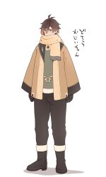 Rule 34 | 1boy, alternate costume, black footwear, black mittens, black pants, blush, boots, brown hair, commentary request, full body, genshin impact, hair between eyes, long sleeves, male focus, mittens, moboj13, multicolored hair, pants, scarf, simple background, translation request, white background, zhongli (genshin impact)