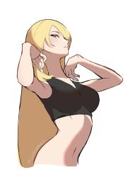 1girl absurdres black_bra blonde_hair bra breasts creatures_(company) cynthia_(pokemon) game_freak grey_eyes hair_over_one_eye highres long_hair mijukuma navel nintendo pokemon pokemon_dppt signature simple_background solo sports_bra twitter_username underwear upper_body white_background