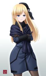Rule 34 | 1girl, aqua eyes, beret, black hat, blonde hair, blue dress, blue jacket, blue scarf, breasts, brown gloves, brown pantyhose, cropped jacket, crossed arms, dress, fate/grand order, fate (series), fur collar, gloves, hat, highres, jacket, long hair, long sleeves, looking at viewer, lord el-melloi ii case files, pantyhose, reines el-melloi archisorte, scarf, sidelocks, small breasts, smile, solo, takanashi tsukasa, thighs, tilted headwear