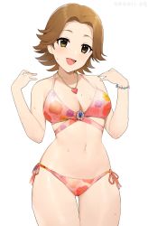 Rule 34 | 1girl, absurdres, bikini, breasts, cleavage, dated, flipped hair, floral print, forehead, gluteal fold, heart, heart necklace, highres, idolmaster, idolmaster cinderella girls, idolmaster cinderella girls starlight stage, light brown hair, medium breasts, mole, mole on breast, necklace, ohta yuu, onao, open mouth, short hair, side-tie bikini bottom, simple background, solo, swimsuit, thigh gap, thighs, wet, white background, yellow eyes