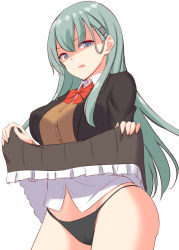 Rule 34 | 1girl, aqua eyes, aqua hair, black panties, blazer, bow, bowtie, breasts, brown jacket, brown skirt, cameltoe, cardigan, clothes lift, cowboy shot, frilled skirt, frills, gesugao, green hair, hair ornament, hairclip, jacket, kantai collection, large breasts, lifted by self, long hair, panties, pleated skirt, red bow, red bowtie, school uniform, simple background, skirt, skirt lift, solo, suzuya (kancolle), suzuya kai ni (kancolle), tokyo yamane, underwear, white background