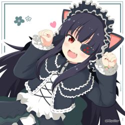 Rule 34 | 10s, 1girl, :d, animal ears, black hair, blush, border, cat ears, clenched hands, commentary request, eyepatch, fang, gothic lolita, hairband, heart, lolita fashion, lolita hairband, long hair, long sleeves, looking at viewer, mirai (senran kagura), mitya, open mouth, outside border, paw pose, red eyes, senran kagura, smile, solo, twitter username, very long hair, white background