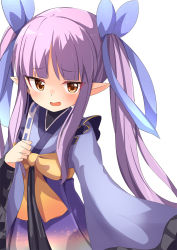 Rule 34 | 1girl, ame., blue kimono, blue ribbon, blush, bow, brown bow, brown eyes, commentary request, frilled sleeves, frills, hair ribbon, highres, japanese clothes, kimono, kyoka (princess connect!), long hair, long sleeves, looking at viewer, open mouth, pointy ears, princess connect!, purple hair, ribbon, sidelocks, simple background, smile, solo, twintails, very long hair, white background, wide sleeves