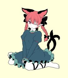 Rule 34 | 1girl, animal ears, barefoot, black ribbon, blush, braid, breasts, cat ears, cat tail, closed mouth, dress, extra ears, flat color, frills, full body, green dress, hair between eyes, isaki (gomi), juliet sleeves, kaenbyou rin, leg ribbon, light smile, long sleeves, looking at viewer, multiple tails, nekomata, one eye closed, pointy ears, puffy sleeves, red eyes, red hair, ribbon, simple background, sitting, small breasts, solo, tail, toes, touhou, twin braids, twintails, two tails, v arms, wariza, white background