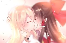 Rule 34 | 2girls, ahoge, blonde hair, blurry, blush, bow, brown hair, cacao (cacaomgmg), closed eyes, commentary request, condensation, eyelashes, fog, hair bow, hair tubes, hakurei reimu, hand on another&#039;s face, hand on another&#039;s head, highres, kirisame marisa, kiss, long hair, long sleeves, mirror, multiple girls, portrait, red bow, sidelocks, touhou, yuri