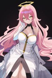 Rule 34 | 1girl, black background, breasts, cleavage, collarbone, crossed bangs, dress, elbow gloves, falken (yutozin), gloves, hair between eyes, halo, highres, large breasts, long hair, looking at viewer, original, pink hair, simple background, smile, solo, thighs, white dress, white gloves, yellow eyes