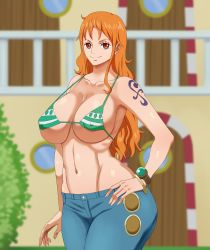 Rule 34 | 1girl, bare shoulders, bikini, breasts, covered erect nipples, curvy, denim, earrings, hand on own hip, highres, jeans, jewelry, large breasts, looking at viewer, nami (one piece), one piece, pants, pinkpawg, shiny skin, solo, swimsuit, tattoo, wide hips