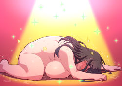 Rule 34 | 1girl, afterglow, aftersex, back, black hair, blush, breast press, breasts, embarrassed, feet, from side, full-face blush, gradient background, huge breasts, legs, long hair, lying, no eyes, nude, open mouth, original, simple background, solo, sweat, sweatdrop, tetrodotoxin, thick thighs, thighs, trembling