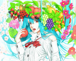 Rule 34 | 1girl, apple, bad id, bad pixiv id, blue hair, bow, bowtie, cantaloupe, cherry, female focus, flower, food, fruit, grapes, hat, hinanawi tenshi, long hair, melon, morning glory, ogino (oginogino), open mouth, peach, persimmon, red eyes, shirt, solo, strawberry, strawberry blossoms, striped bow, striped bowtie, striped clothes, striped shirt, touhou, upper body, vertical-striped clothes, vertical-striped shirt