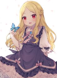 Rule 34 | 1girl, :d, animal, animal on hand, black dress, blonde hair, blush, bow, braid, bug, butterfly, commentary request, dress, frilled dress, frills, hand up, idolmaster, idolmaster cinderella girls, insect, long hair, looking at viewer, minamiya mia, mochizuki hijiri, open mouth, parted bangs, pink bow, puffy short sleeves, puffy sleeves, shirt, short sleeves, sleeveless, sleeveless dress, smile, solo, very long hair, white background, white shirt