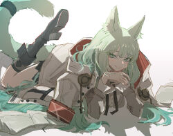 Rule 34 | 1girl, animal ears, arknights, black footwear, black ribbon, boots, cat ears, cat girl, cat tail, foot up, green eyes, green hair, grey sweater vest, harmonie (arknights), highres, jacket, jacket on shoulders, long hair, looking at viewer, lying, neck ribbon, on stomach, ribbon, roncele, shirt, simple background, smile, solo, sweater vest, tail, tail ornament, tail ring, white background, white jacket, white shirt