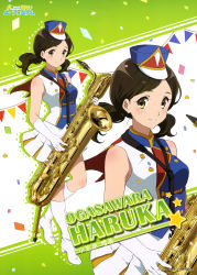 Rule 34 | 10s, 1girl, absurdres, band uniform, boots, brown eyes, brown hair, character name, confetti, copyright name, gradient background, hat, hibike! euphonium, highres, instrument, knee boots, legs, non-web source, official art, ogasawara haruka, saxophone, short twintails, smile, solo, striped, striped background, twintails, white footwear, zoom layer