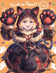 Rule 34 | 1girl, :3, :d, animal ears, animal hands, arms up, bad id, bad pixiv id, black capelet, black dress, black gloves, blonde hair, brown eyes, capelet, cat ears, cat girl, cat tail, commentary request, djeeta (granblue fantasy), dress, fangs, fur-trimmed gloves, fur trim, ghost, gloves, granblue fantasy, hair between eyes, highres, hood, hood up, hooded capelet, long sleeves, milli little, open mouth, orange background, paw gloves, smile, solo, tail, trick or treat, twitter username, v-shaped eyebrows