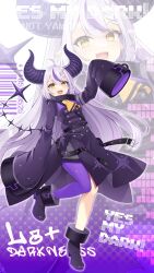 Rule 34 | 1girl, absurdres, ahoge, ankle cuffs, ascot, azma (mitch55), belt, black belt, black horns, braid, braided bangs, character name, coat, collar, commentary request, grey hair, highres, hololive, horns, la+ darknesss, la+ darknesss (1st costume), long hair, metal collar, multicolored hair, pointy ears, purple coat, purple hair, purple thighhighs, single thighhigh, sleeves past fingers, sleeves past wrists, streaked hair, striped horns, thighhighs, virtual youtuber, yellow ascot