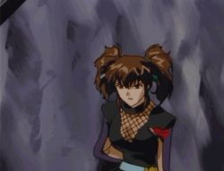 Rule 34 | 1990s (style), 1girl, 2boys, animated, animated gif, ass, axe, battle axe, bouncing breasts, breasts, brown eyes, brown hair, cleavage, holding, holding weapon, injury, jumping, kunai, lentz (rurouni kenshin), long hair, medium breasts, misanagi (rurouni kenshin), moaning, multiple boys, ninja, no bra, retro artstyle, rurouni kenshin, schneider (rurouni kenshin), twintails, violence, walking, weapon