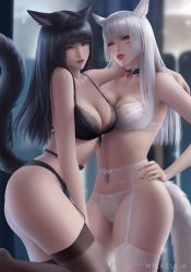 Rule 34 | 2girls, animal ears, artist name, black bra, black choker, black garter belt, black hair, black panties, black thighhighs, bow, bow panties, bra, breasts, cat ears, cat girl, cat tail, choker, cleavage, commentary, commission, english commentary, facial mark, final fantasy, final fantasy xiv, garter belt, grey eyes, highres, large breasts, lingerie, long hair, looking at viewer, miqo&#039;te, multiple girls, nail polish, navel, open mouth, panties, parted lips, red nails, slit pupils, smile, standing, tail, teeth, thighhighs, thighs, tongue, underwear, underwear only, upper teeth only, warrior of light (ff14), whisker markings, white bra, white garter belt, white hair, white panties, white thighhighs, wickellia