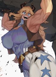Rule 34 | 1girl, armpits, arms up, blonde hair, blue eyes, blue shirt, body freckles, breasts, brown vest, carrying, carrying overhead, cleavage cutout, clothing cutout, commentary, cow horns, freckles, gloves, hair between eyes, highres, horns, huge breasts, kugara4423, leather belt, long hair, looking at viewer, muscular, muscular female, open mouth, original, pants, shirt, solo, star (symbol), star cutout, stone, teeth, ushi walker (mha quest), vest, white pants