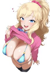 Rule 34 | 1girl, absurdres, aqua bikini, areola slip, bikini, black thighhighs, blonde hair, blue bow, blue bowtie, blue eyes, blush, bow, bowtie, breasts, clothes lift, cropped legs, fingernails, hair ornament, hair scrunchie, heart, highres, huge breasts, idolmaster, idolmaster cinderella girls, lifted by self, long hair, long sleeves, looking at viewer, mrhunking, nail polish, ohtsuki yui, pink sweater, ponytail, scrunchie, side-tie bikini bottom, sidelocks, skindentation, smile, solo, sweater, sweater lift, swimsuit, thighhighs, transparent background, very long hair