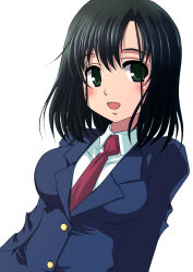 Rule 34 | 00s, black hair, blush, green eyes, necktie, ranshin, saki (manga), school uniform, smile, solo, touyoko momoko