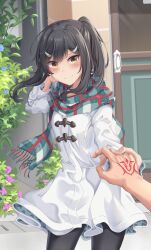 Rule 34 | 1boy, 1girl, absurdres, black hair, black thighhighs, blush, breasts, brown eyes, buwad, command spell, fate/grand order, fate/kaleid liner prisma illya, fate (series), fujimaru ritsuka (male), green scarf, hair ornament, hairclip, highres, holding hands, jacket, long hair, long sleeves, looking at viewer, miyu edelfelt, miyu edelfelt (final ascension), plaid, plaid scarf, ponytail, scarf, sidelocks, small breasts, smile, solo focus, thighhighs, white jacket