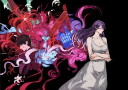 Rule 34 | 1boy, 1girl, bare arms, bare shoulders, black background, blood, blood on face, breasts, cleavage, crossed arms, derivative work, dress, from side, glasses, grey dress, highres, kagune (tokyo ghoul), kamishiro rize, kaneki ken, large breasts, long hair, multicolored background, purple hair, red-framed eyewear, red background, screenshot redraw, short hair, tokyo ghoul, yourfreakyneighbourh