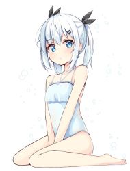 Rule 34 | 1girl, bare legs, bare shoulders, between legs, black ribbon, blue eyes, blue one-piece swimsuit, blush, breasts, bubble, closed mouth, collarbone, frills, full body, hair between eyes, hair ornament, hair ribbon, hairclip, hand between legs, looking at viewer, momoka stella, ominaeshi (takenoko), one-piece swimsuit, original, ribbon, short hair, sidelocks, silver hair, simple background, sitting, small breasts, solo, swimsuit, twintails, v arms, wariza, white background
