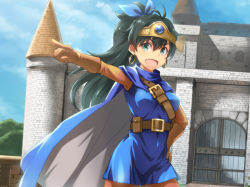 Rule 34 | 1girl, black hair, blue eyes, cape, castle, cosplay, crown, dragon quest, dragon quest iii, fang, ganaha hibiki, gloves, idolmaster, idolmaster (classic), long hair, mikel (4hands), open mouth, outstretched arm, ponytail, roto (cosplay), roto (dq3), smile, solo, square enix