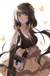 Rule 34 | 1girl, bag, black gloves, blush, breasts, brown hair, bug, butterfly, butterfly hair ornament, collarbone, dress, girls&#039; frontline, gloves, hair ornament, heterochromia, highres, insect, jacket, unworn jacket, long hair, looking at viewer, medium breasts, qb 516, red eyes, ribbon, ro635 (girls&#039; frontline), solo, white background, yellow eyes, yellow ribbon