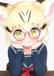 Rule 34 | 1girl, absurdres, alternate costume, alternate eyewear, animal ears, blonde hair, blue shirt, blush, brown hair, cat ears, cat girl, chair, commentary request, deku suke, desk, fang, fang out, glasses, green eyes, hands on own cheeks, hands on own face, highres, kemono friends, long sleeves, looking at viewer, multicolored hair, neckerchief, red neckerchief, sailor collar, sand cat (kemono friends), school chair, school uniform, shirt, short hair, sitting, solo