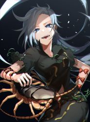 Rule 34 | 1girl, absurdres, animal, black shirt, blue eyes, bow, breasts, bug, centipede, coccix, commentary request, fingernails, grey background, grey hair, highres, himemushi momoyo, long fingernails, long hair, looking at viewer, medium breasts, midriff peek, open mouth, orange bow, oversized animal, sharp teeth, shirt, short sleeves, solo, teeth, touhou, upper body