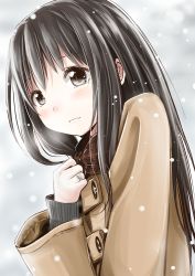 Rule 34 | 1girl, black hair, blush, brown coat, coat, from side, grey eyes, hand up, jacket, jewelry, long hair, long sleeves, looking at viewer, looking to the side, original, parted lips, plaid, plaid scarf, ring, scarf, snowing, solo, u u (mooooooou), upper body, wedding band