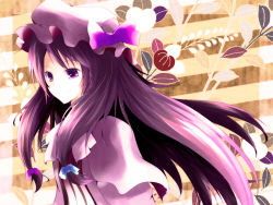 Rule 34 | 1girl, bow, colorized, female focus, hair bow, hat, long hair, patchouli knowledge, plant, purple eyes, purple hair, smile, solo, touhou, upper body, yume shokunin