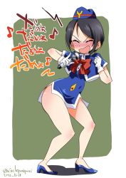 Rule 34 | 1girl, black hair, blue cape, blue dress, blue footwear, blue hat, blush, bow, cape, chouno ami, closed eyes, commentary, cosplay, dated, dress, drunk, eighth note, garrison cap, girls und panzer, gloves, hat, high heels, highres, holding, holding microphone, inoue yoshihisa, microdress, microphone, music, musical note, open mouth, outside border, red bow, short hair, side slit, simple background, singing, smile, solo, standing, swept bangs, tenjouin katsura, tenjouin katsura (cosplay), translated, twitter username, v-shaped eyes, voice actor connection, white background, white gloves, yat anshin uchuu ryokou