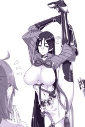 Rule 34 | armor, bare shoulders, bob cut, bodysuit, breasts, elbow gloves, fate/grand order, fate (series), fingerless gloves, gloves, headpiece, horns, japanese armor, kote, large breasts, long hair, low-tied long hair, minamoto no raikou (fate), monochrome, oni, parted bangs, pelvic curtain, purple theme, ribbed sleeves, rope, short hair, shuten douji (fate), skin-covered horns, small breasts, split, tassel, titiduki (manman-ya), very long hair