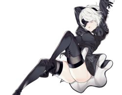 Rule 34 | 1girl, arms up, bad id, bad twitter id, black blindfold, black gloves, black hairband, black thighhighs, blindfold, boots, covered erect nipples, feather-trimmed sleeves, feather trim, gloves, hairband, high heels, knee boots, mameojitan, mole, mole under mouth, nier (series), nier:automata, parted lips, puffy sleeves, simple background, solo, thighhighs, thighhighs under boots, white background, white hair, 2b (nier:automata)