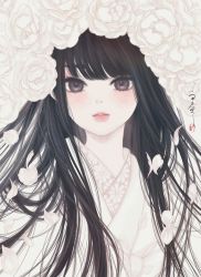 Rule 34 | 1girl, absurdres, black hair, blunt bangs, brown eyes, commentary request, floral print, flower, highres, japanese clothes, kimono, light blush, long hair, looking at viewer, original, parted lips, petals, rose, rose petals, seal impression, signature, solo, straight hair, upper body, ushiyama ame, white flower, white kimono, white rose