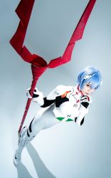 Rule 34 | ayanami rei, ayanami rei (cosplay), cosplay, glico happy, highres, lance of longinus (evangelion), neon genesis evangelion, tagme, white background