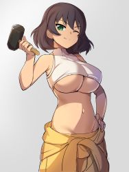 Rule 34 | 10s, 1girl, ;), absurdres, akamoku, artist request, bad id, bad pixiv id, bare shoulders, breasts, brown hair, cleavage, clothes around waist, cowboy shot, dark-skinned female, dark skin, girls und panzer, green eyes, grey background, groin, hand on own hip, highres, hoshino (girls und panzer), large breasts, looking at viewer, mallet, navel, one eye closed, short hair, simple background, smile, solo, standing, underboob