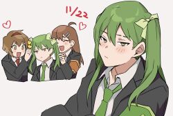 Rule 34 | 1boy, 2girls, blush, bow, brown eyes, brown hair, brown necktie, closed eyes, closed mouth, collared shirt, earrings, green bow, green hair, green necktie, hair bow, highres, hod (project moon), jewelry, lobotomy corporation, long hair, malkuth (project moon), mu46016419, multiple girls, necktie, netzach (project moon), open mouth, project moon, red necktie, shirt, simple background, smile, twintails, very long hair, white background, white shirt, yellow eyes