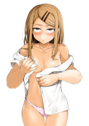 Rule 34 | 10s, 1girl, bare shoulders, blush, breasts, brown eyes, brown hair, dagashi kashi, endou saya, gluteal fold, hair ornament, hairclip, highres, long hair, looking at viewer, matching hair/eyes, medium breasts, mole, mole on breast, naked shirt, no bra, off shoulder, oguramansai, open clothes, panties, pink panties, shirt, simple background, solo, standing, underwear, white background