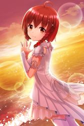 Rule 34 | 1girl, absurdres, alternative girls, bracer, cloud, dress, from side, highres, jewelry, looking at viewer, ocean, official art, own hands together, short hair, sky, smile, standing, sunset, yuuki miyaka