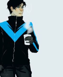 Rule 34 | 1boy, adapted costume, batman (series), black gloves, black hair, blue eyes, cup, dc comics, dick grayson, gloves, jacket, looking to the side, male focus, nightwing, simple background, solo, standing, steam