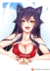Rule 34 | 1boy, 1girl, ahri (league of legends), animal ears, bare shoulders, between breasts, black hair, breast hold, breasts, collarbone, facial mark, fox ears, fox tail, grabbing, grabbing another&#039;s breast, hair between eyes, half-closed eyes, hetero, large breasts, league of legends, long hair, looking at viewer, naughty face, open mouth, paizuri, paizuri under clothes, patreon username, penis, sidelocks, slit pupils, swimsuit, tail, tofuubear, tongue, tongue out, uncensored, underboob, whisker markings, yellow eyes